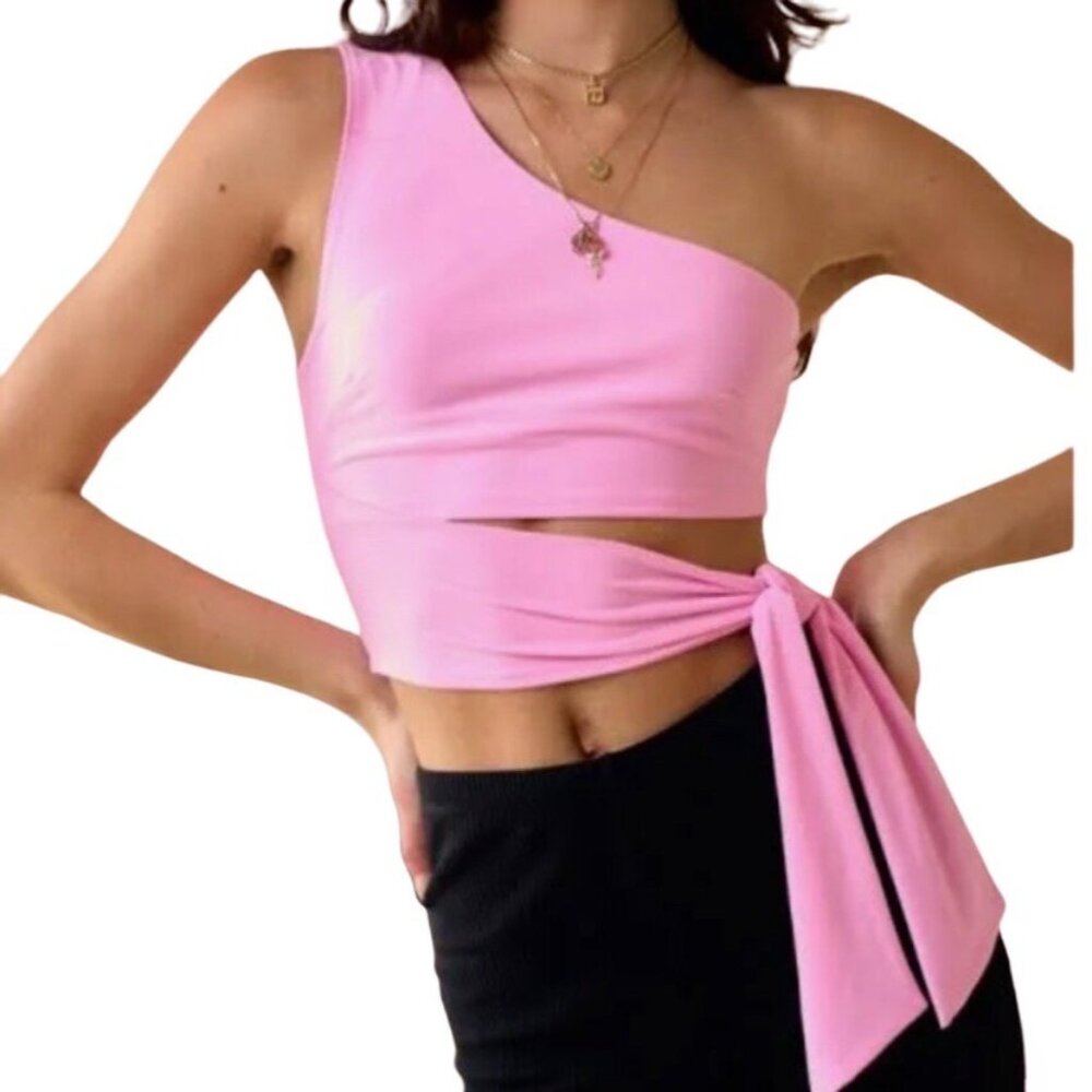 Blue Blush One Shoulder Side Tie Waist Crop Top Pink Size Large NWT